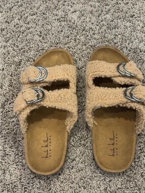 Nicole Miller Tan Sherpa Double-Buckle Slide Sandals